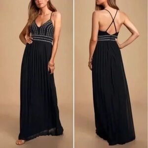Lulu’s “Glamorous Gala” Maxi Dress Embroidered Beaded Bodice Crisscross Back